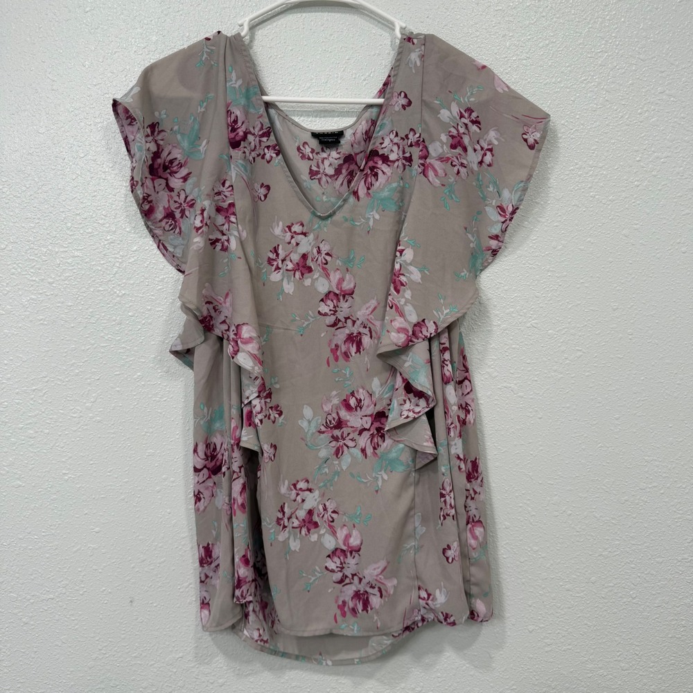 Torrid‎ Floral Flutter Sleeve V-Neck Blouse Pink Teal Grey Plus Size 1 XL